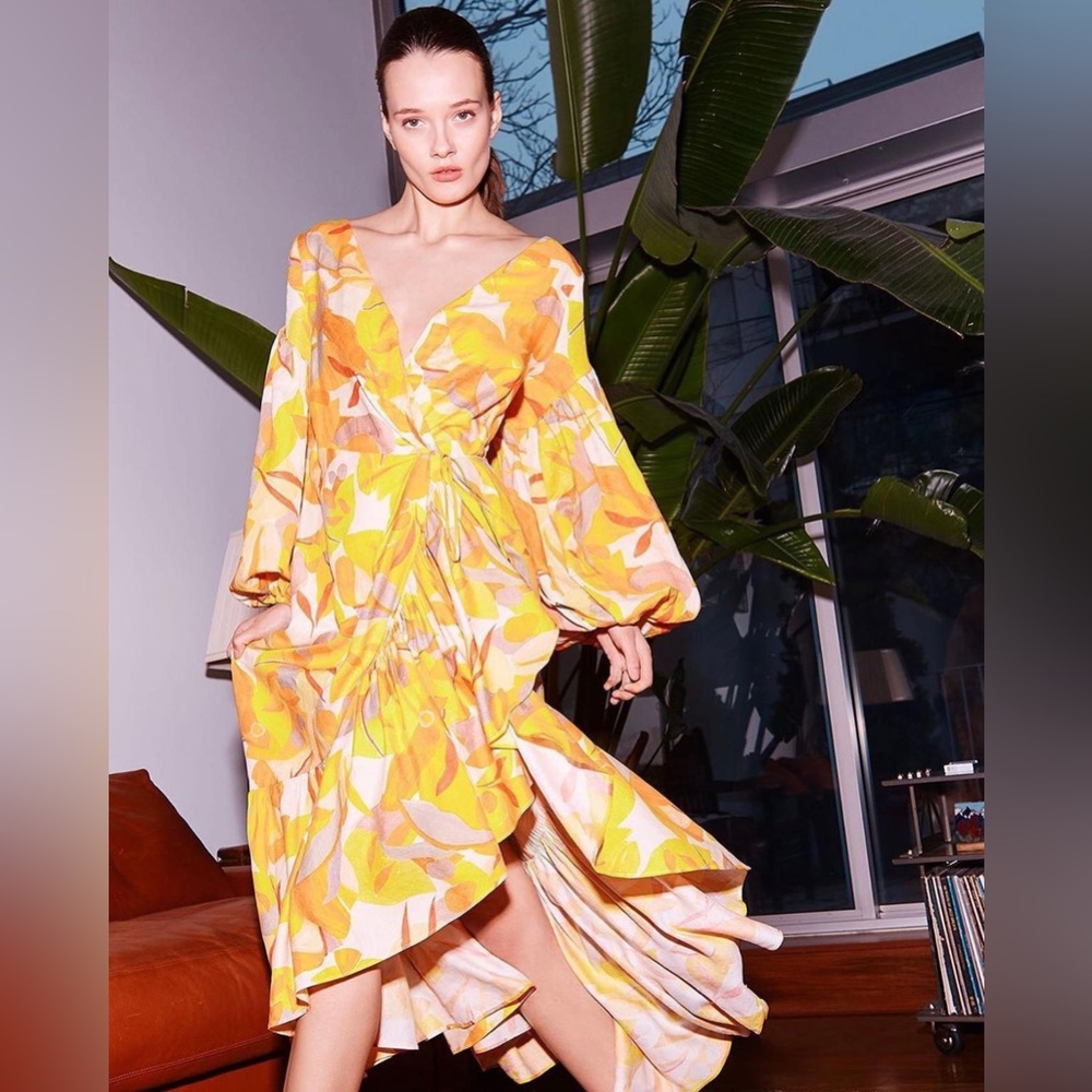 NWT Acler Gallion Yellow Leaf Floral Print Wrap Ruffle Maxi Dress 8